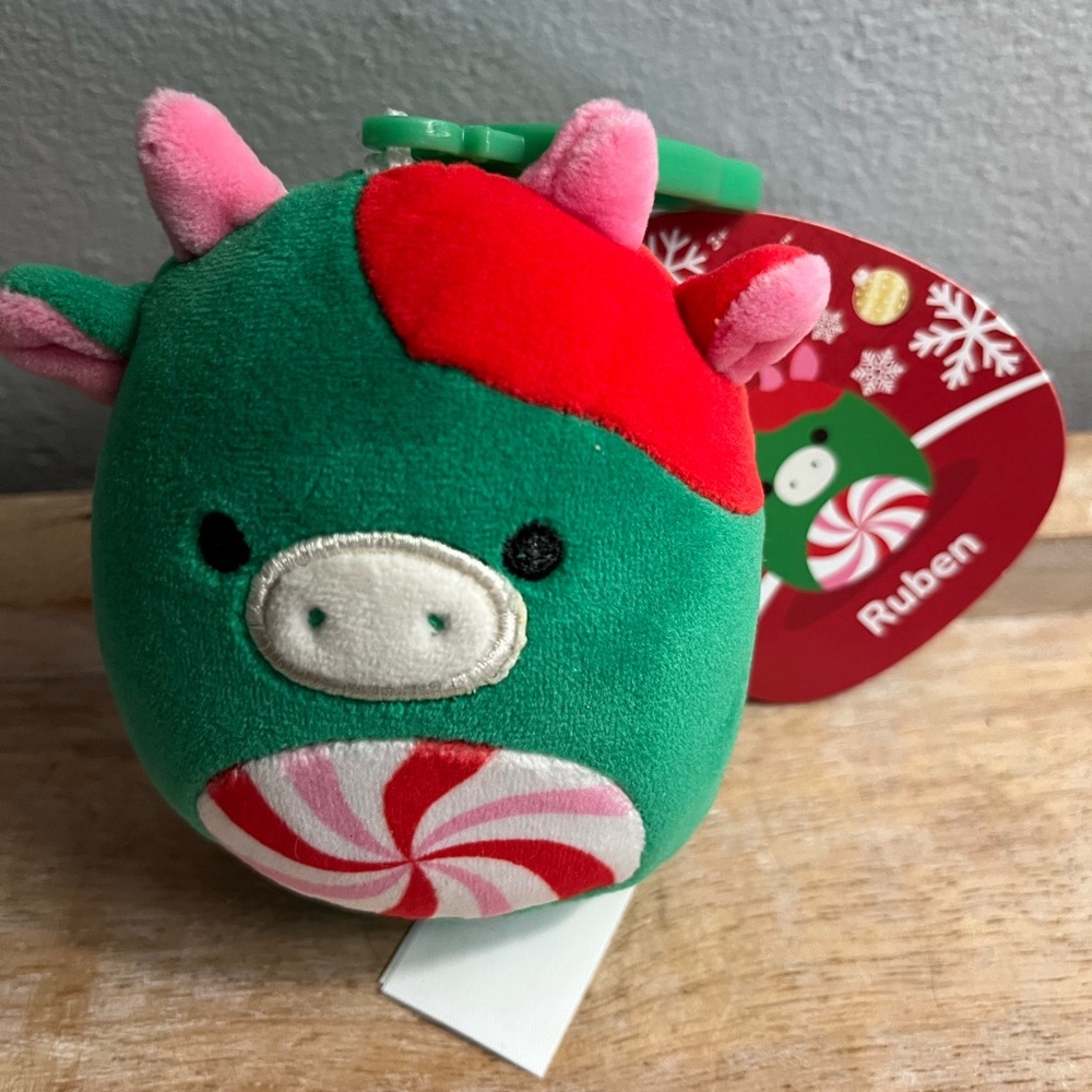 Squishmallow 2025 Christmas Ruben the Cow 5” Green Red Swirl Pink Horns NEW - Picture 8 of 8